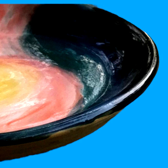 Spiral Pattern Pottery Plate in Teal, Coral, and Yellow/Handcrafted Pottery - Picture 4 of 9